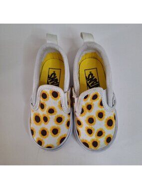 VANS TODDLER GIRLS SIZE 6.5 SUNFLOWER SLIP ON SNEAKERS WHITE YELLOW FLATS